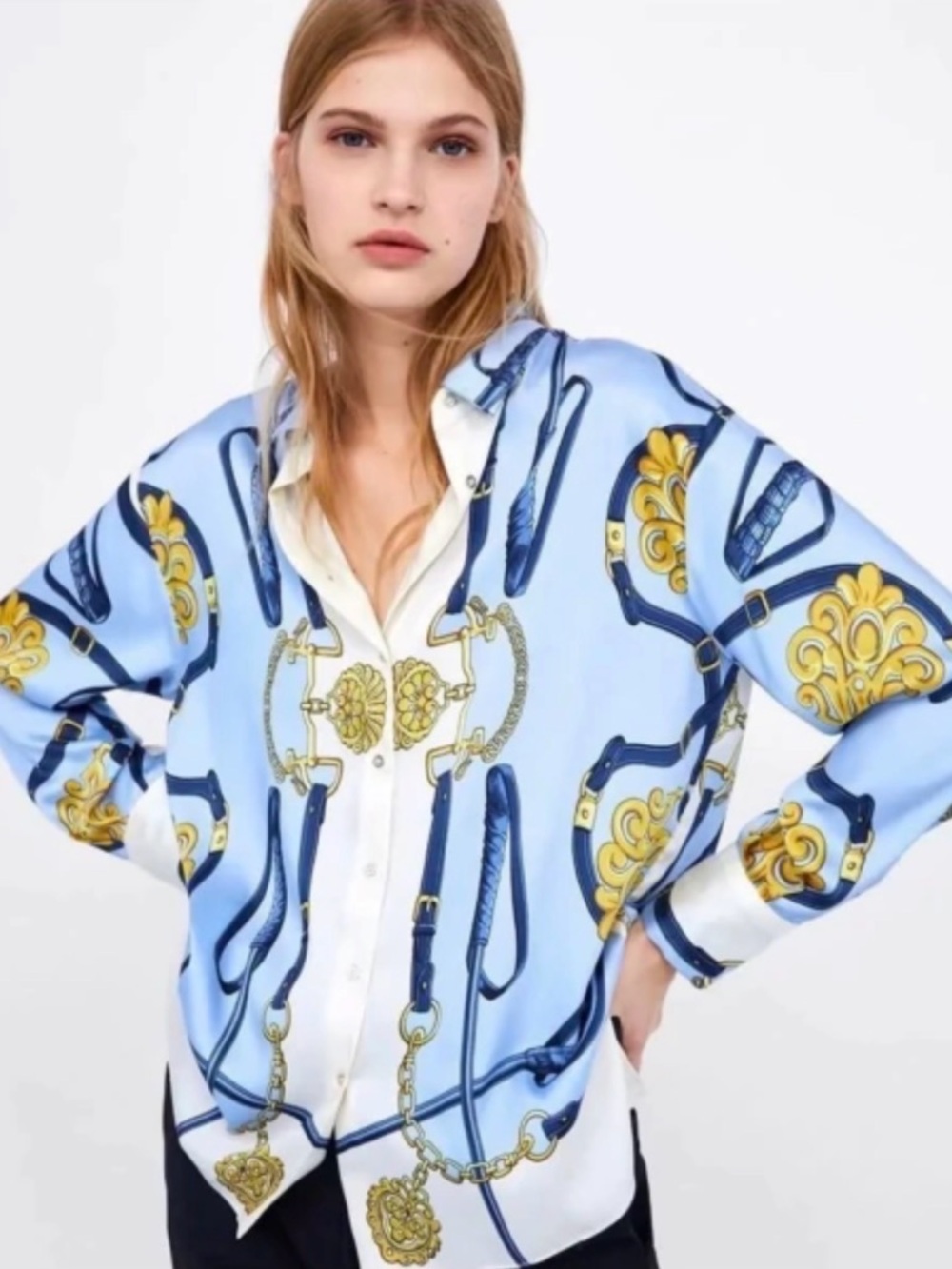 Zara Light Blue, White & Gold Printed Button-Down Shirt